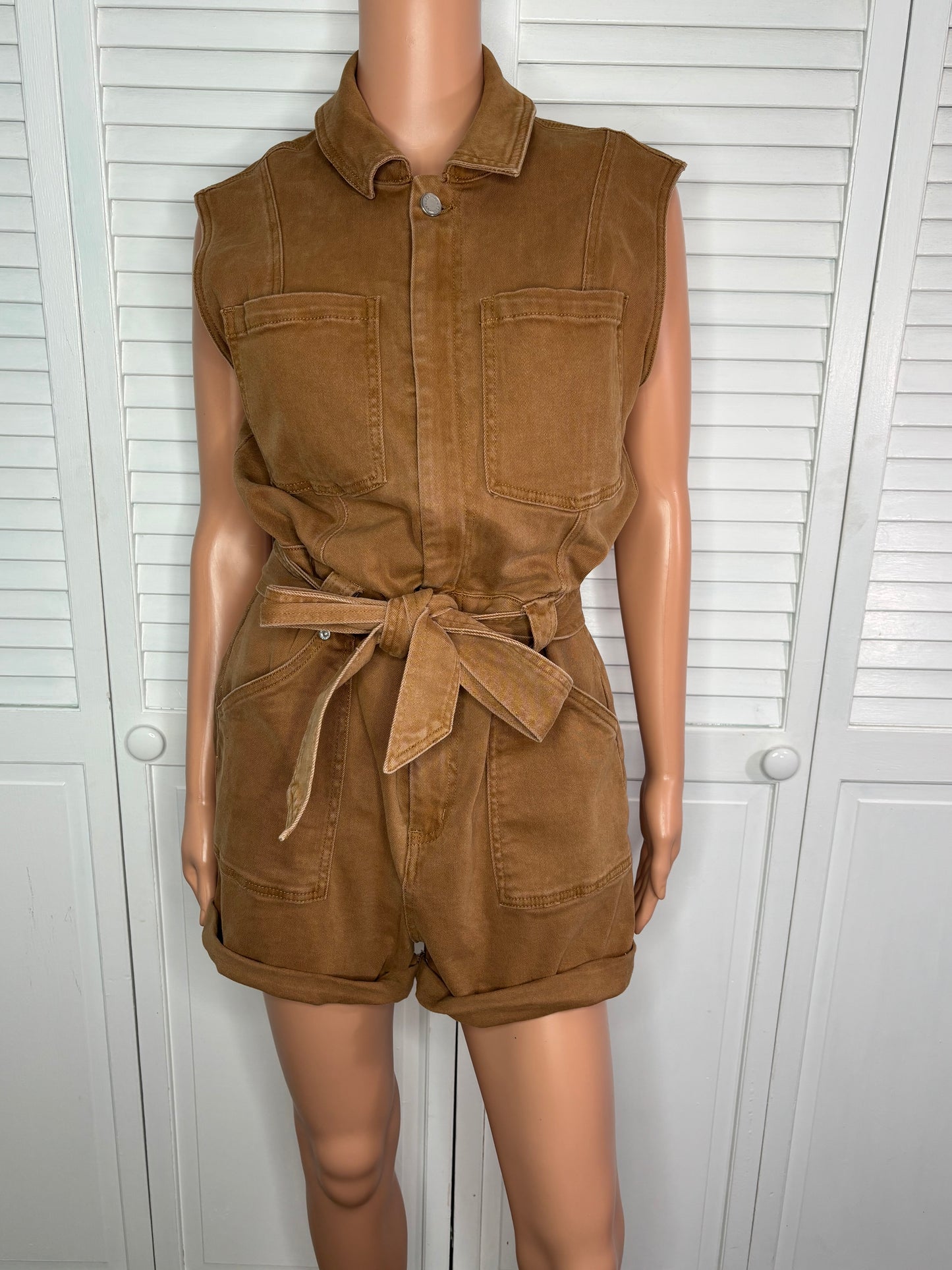AVEC LES FILLES Brown Sleeveless Twill Utility Romper Size 29