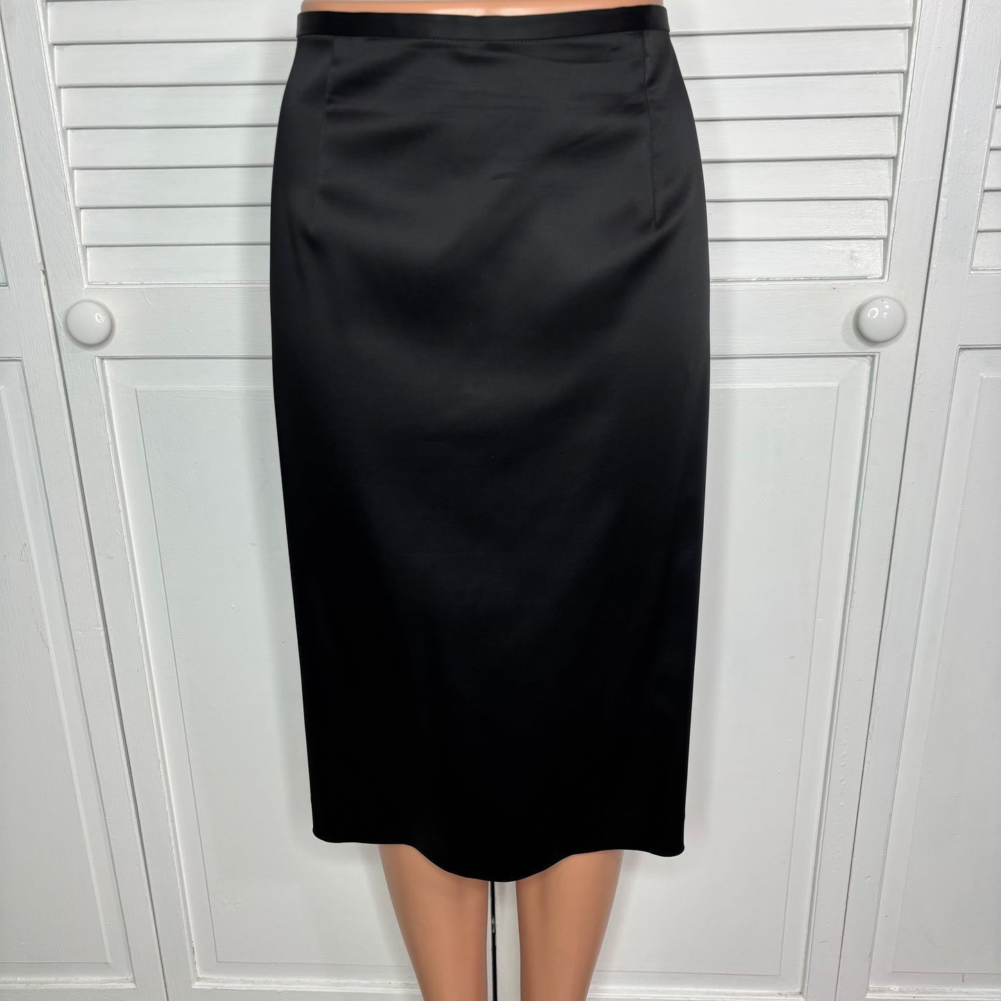 VICTOR COSTA Vintage Black Satin Midi Pencil Skirt Size 14