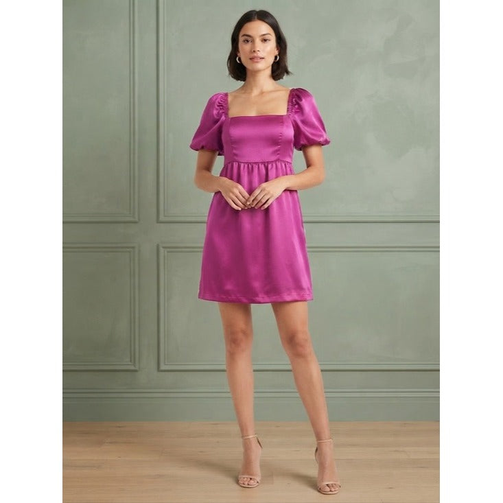 TCEC Magenta Hot Pink Satin Puff Sleeve Babydoll Mini Dress Size Small