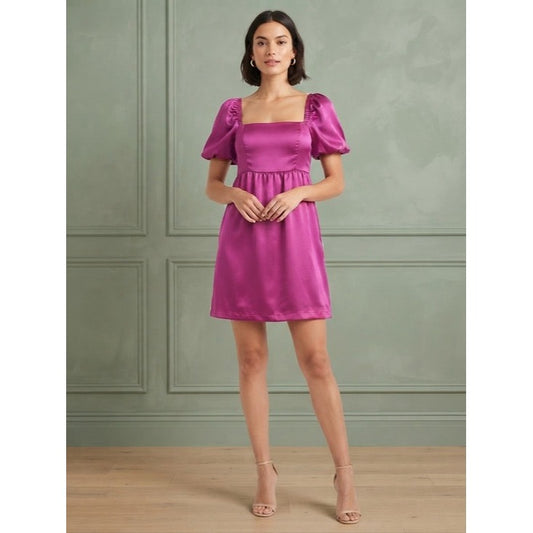 TCEC Magenta Hot Pink Satin Puff Sleeve Babydoll Mini Dress Size Small