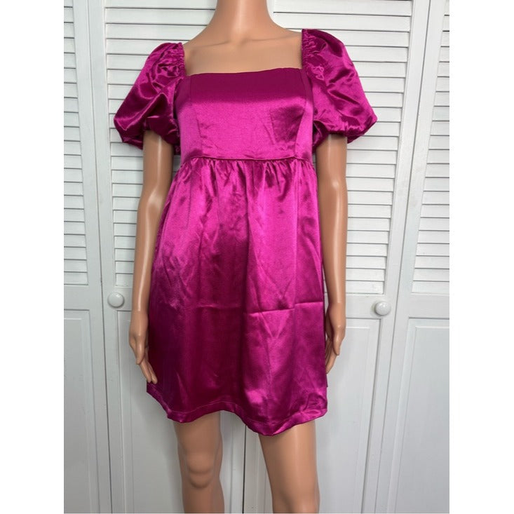 TCEC Magenta Hot Pink Satin Puff Sleeve Babydoll Mini Dress Size Small