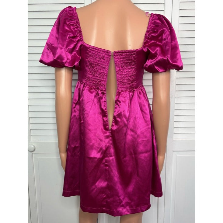 TCEC Magenta Hot Pink Satin Puff Sleeve Babydoll Mini Dress Size Small