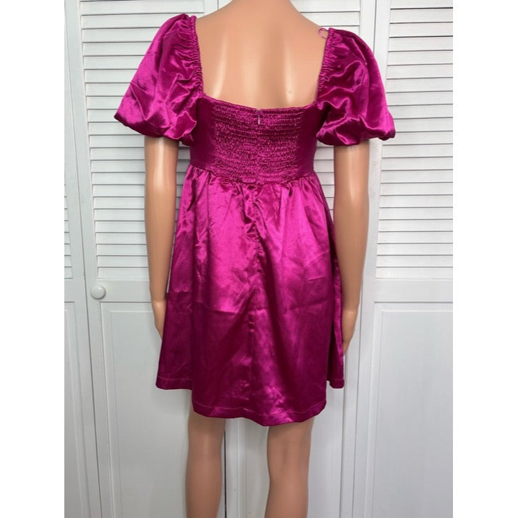 TCEC Magenta Hot Pink Satin Puff Sleeve Babydoll Mini Dress Size Small