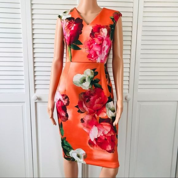 CALVIN KLEIN Orange Floral Sheath Sleeveless Dress Size Petite