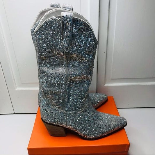 *NEW* Crystal Space Chrome Cowgirl Pointed Toe Boots Size 9