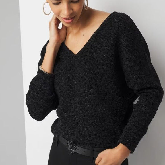 NEW WHITE HOUSE BLACK MARKET V-Neck Chenille Pullover in Black and Gold Size Small