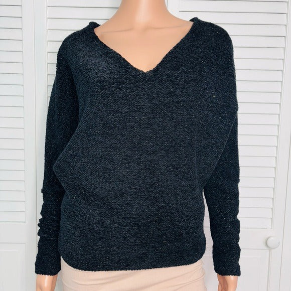 NEW WHITE HOUSE BLACK MARKET V-Neck Chenille Pullover in Black and Gold Size Small
