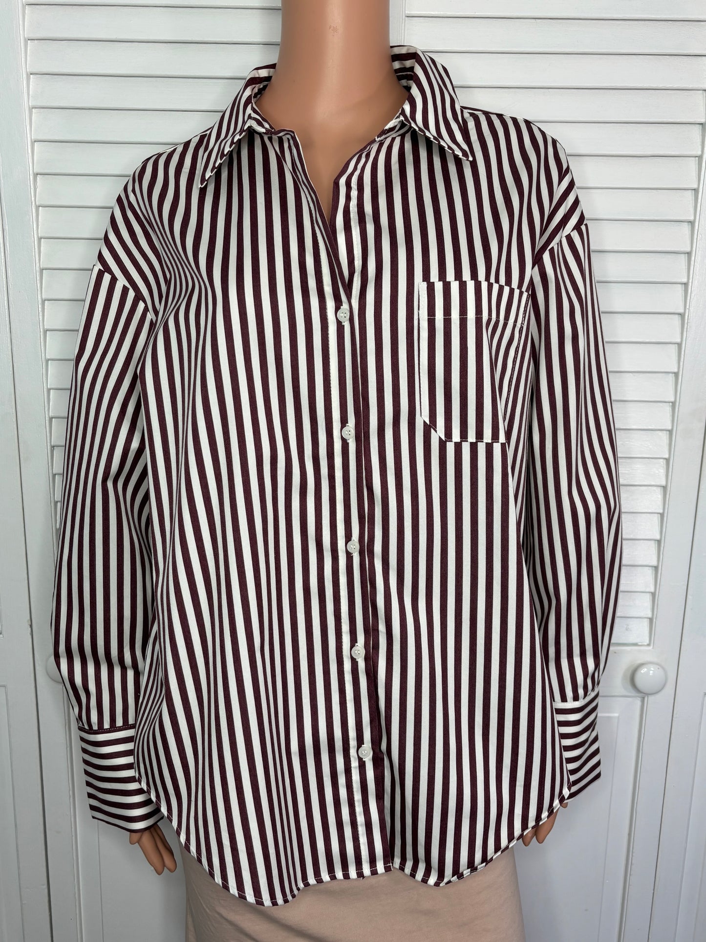 MANGO Burgundy Striped Oversized Button Down Shirt Size Medium