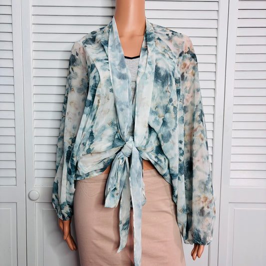 ENTRO Dark Teal Watercolor Tie Blouse Size Small