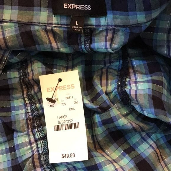 EXPRESS Blue Plaid V-Neck Button Down Short Sleeve Shirt Size L *NEW*