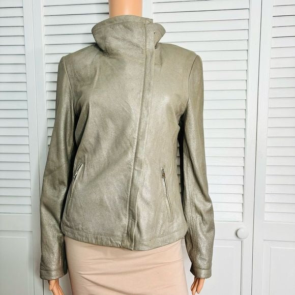 *NEW* ELIE TAHARI Natalie Jacket Cookie Silver Leather Jacket Size Medium