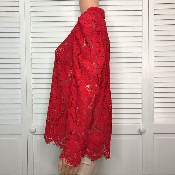 GENERATION LOVE Valencia Lace Red Sheer Blouse Size M