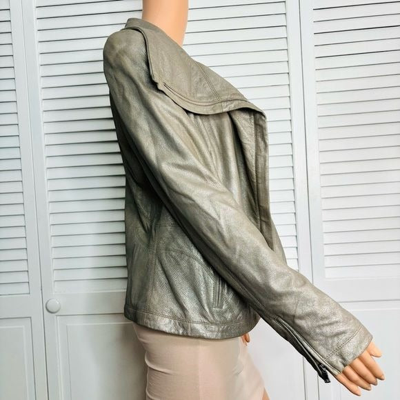 *NEW* ELIE TAHARI Natalie Jacket Cookie Silver Leather Jacket Size Medium