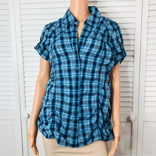 EXPRESS Blue Plaid V-Neck Button Down Short Sleeve Shirt Size L *NEW*
