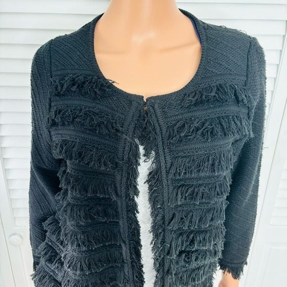 *NEW* T TAHARI Black Fringe Knit Sweater Cardigan