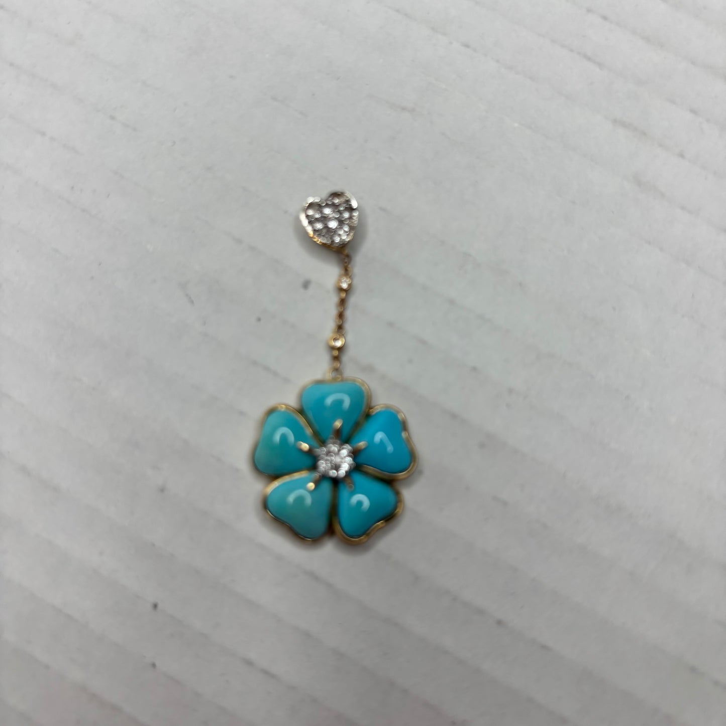 Solid 14K Gold Turquoise & Diamond Flower Pendant with Heart Bail