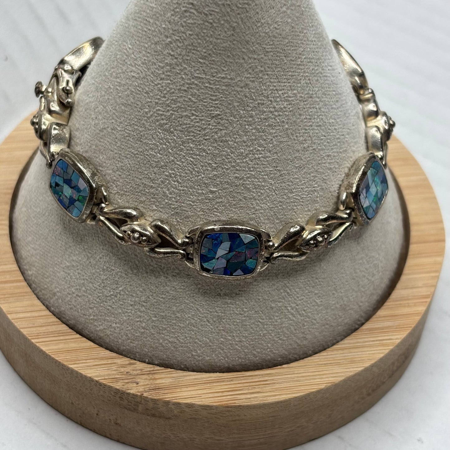 Vintage Sun Jewelry Sterling Silver Mosaic Opal Link Bracelet