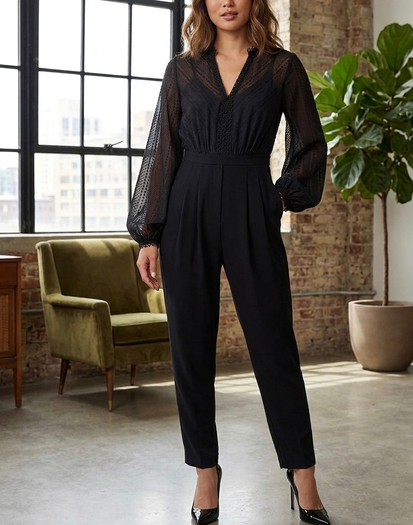 THREE FLOOR Black Empire Lace Mesh Long Sleeve Jumpsuit Size 4