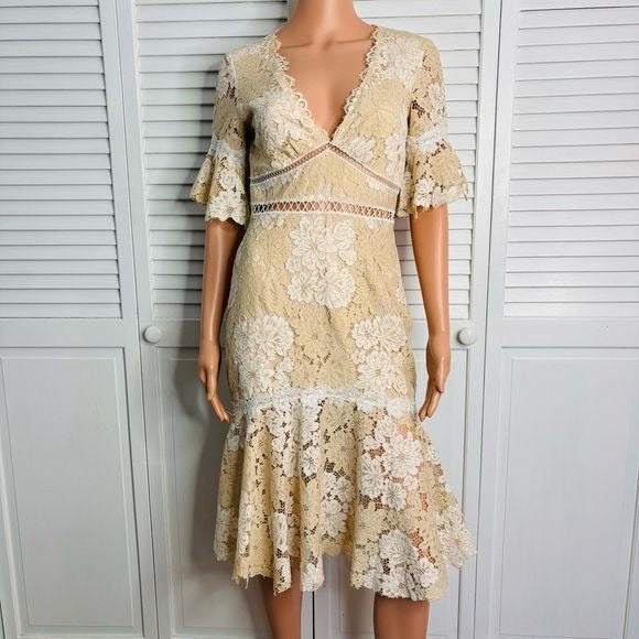SAYLOR Maggy Cream Floral Lace Deep V-Neck Dress Size Small