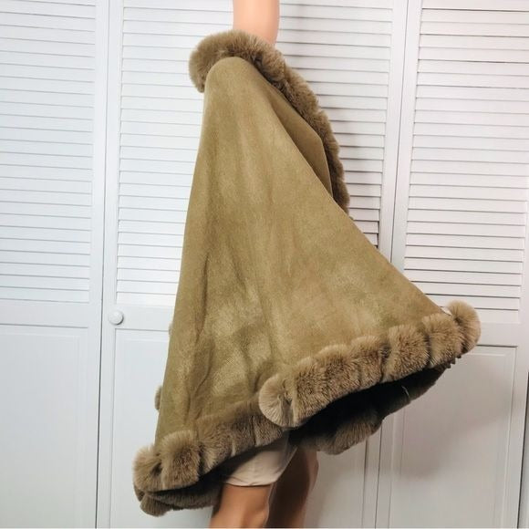 SAACHI Brown Woven Faux Fur-Trim Kimono Cape