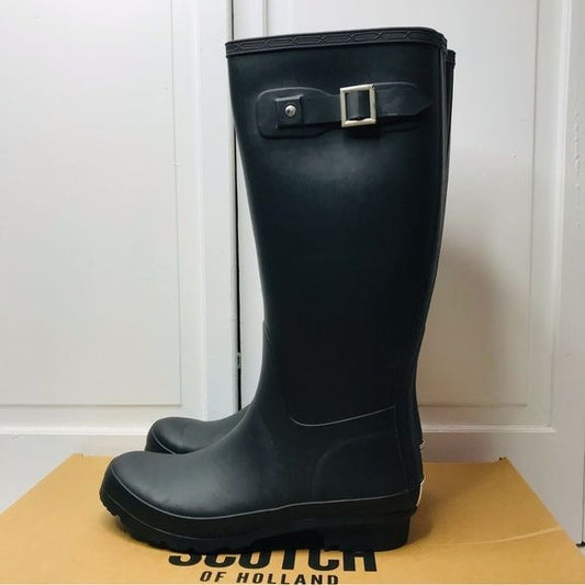 SCOTCH OF HOLLAND Black Tall Rubber Rain Boots Size 9 *NEW*
