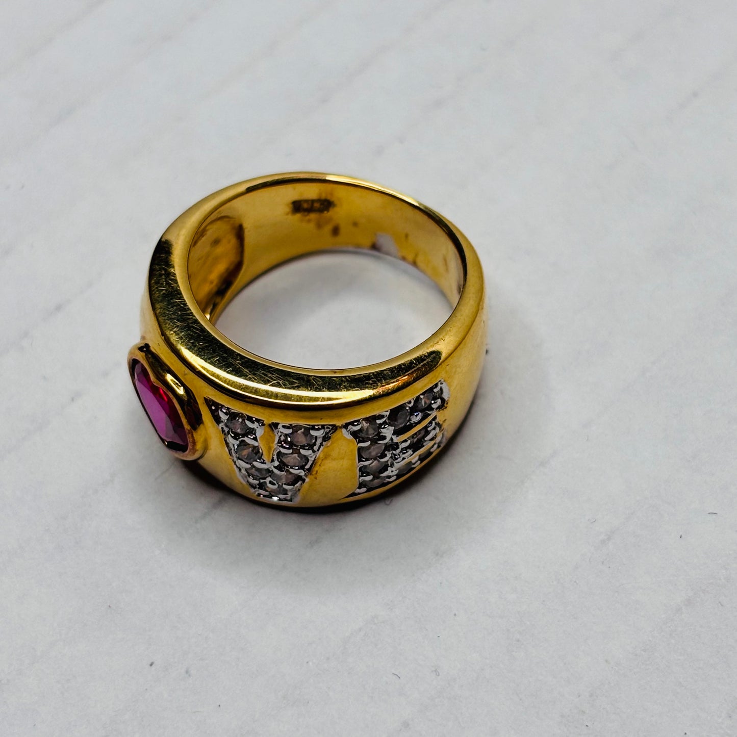 14K Yellow Gold “LOVE” with Ruby Heart and Diamond Set Gold Vintage Ring Size 7