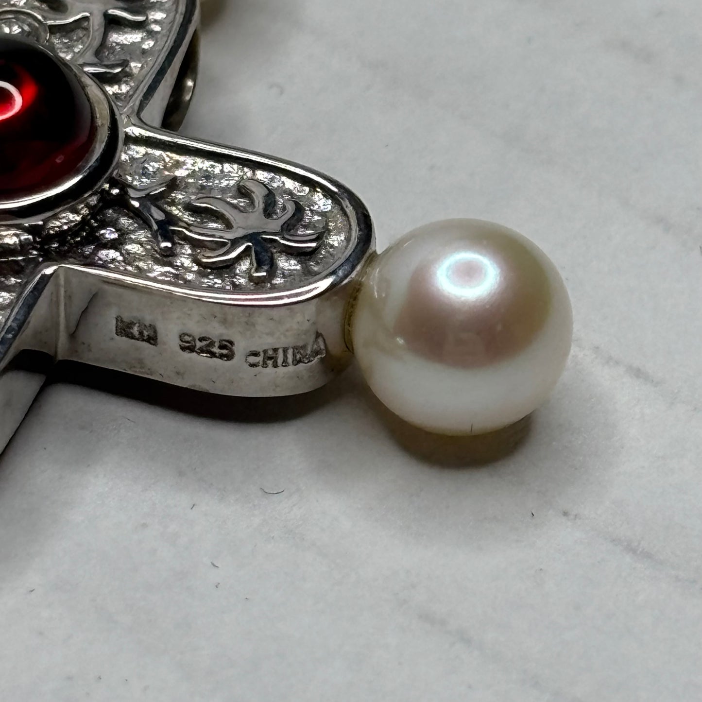 Vintage Sterling Silver Pearl & Garnet Cross Pendant