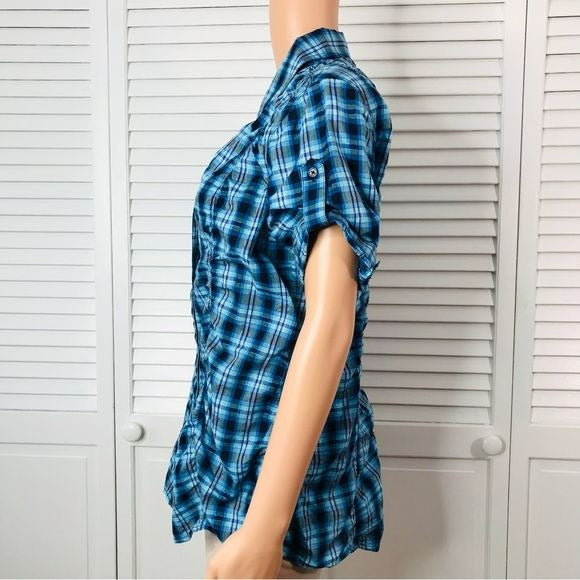 EXPRESS Blue Plaid V-Neck Button Down Short Sleeve Shirt Size L *NEW*