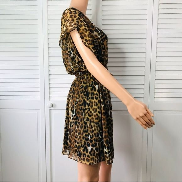 EXPRESS Brown Animal Print Short Sleeve Chiffon Dress Size M