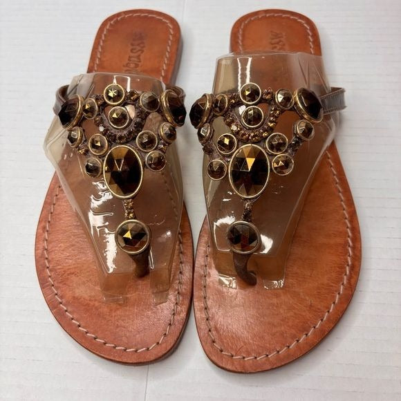 MYSTIQUE Brown Crystal Slip On Leather Sandals Size 8