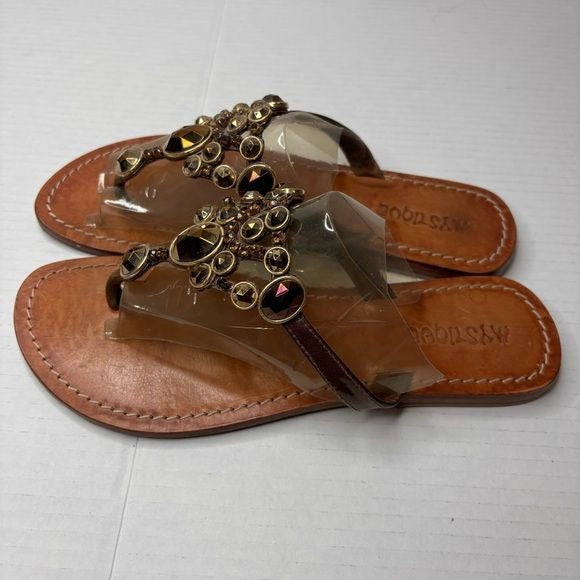 MYSTIQUE Brown Crystal Slip On Leather Sandals Size 8