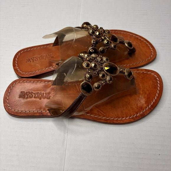 MYSTIQUE Brown Crystal Slip On Leather Sandals Size 8