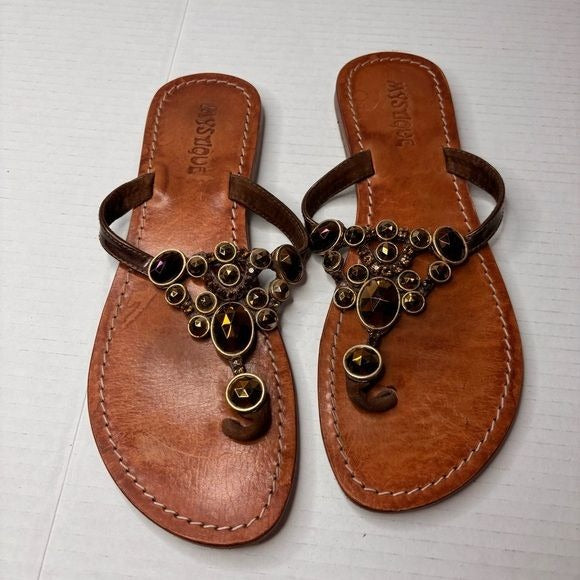 MYSTIQUE Brown Crystal Slip On Leather Sandals Size 8
