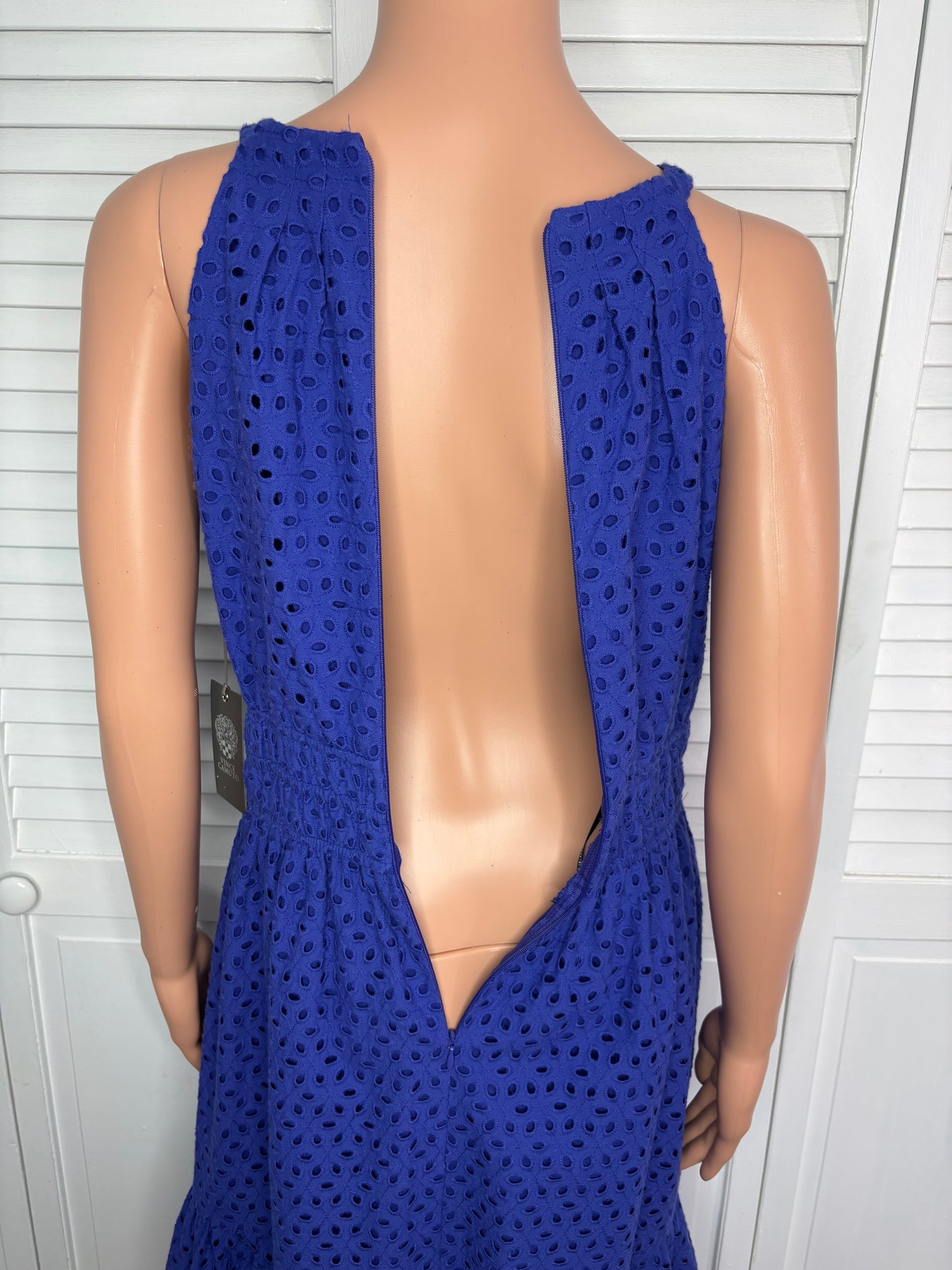 VINCE CAMUTO Blue Eyelet Halter Tiered Midi Dress Size 6