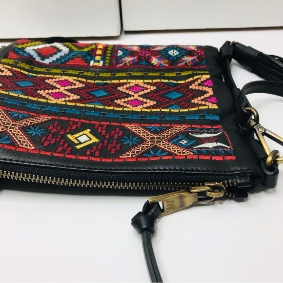 JOHNNY WAS Black Leather Embroidered Crossbody Bag
