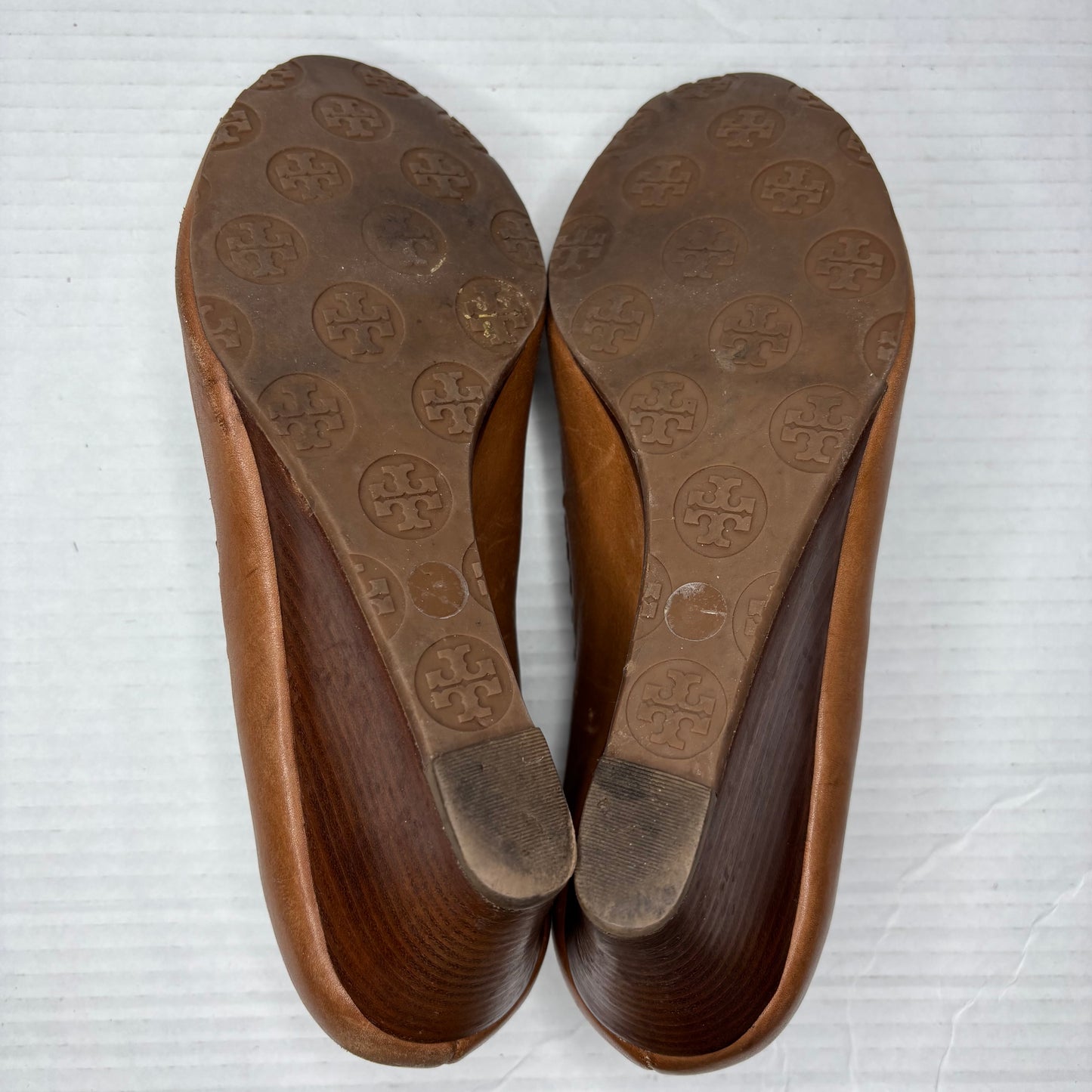 TORY BURCH "Sally" Peep-Toe Wedges in Royal Tan Leather Size 8