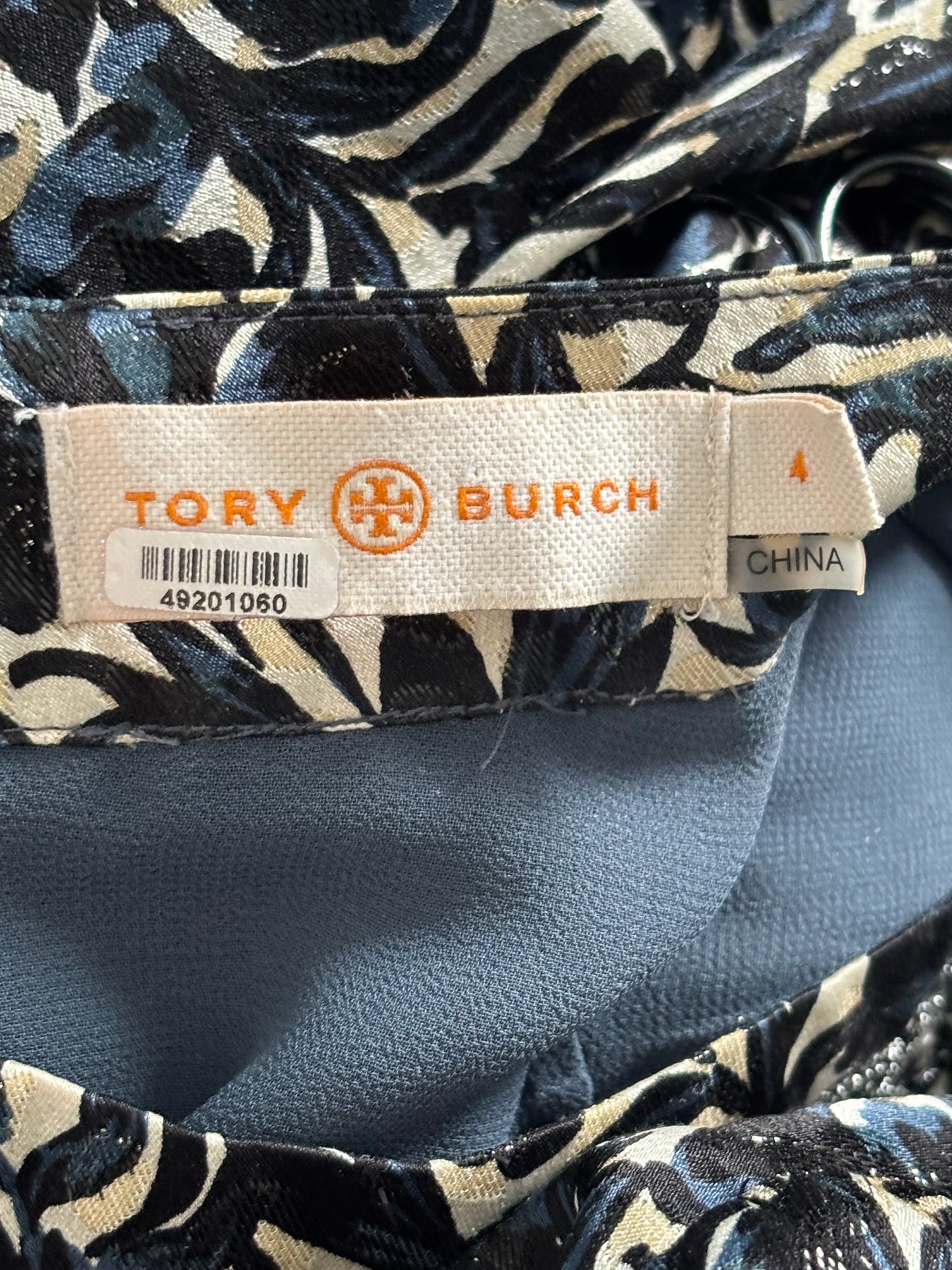 TORY BURCH Embellished Navy & Tan Metallic Floral Brocade Dress Size 4