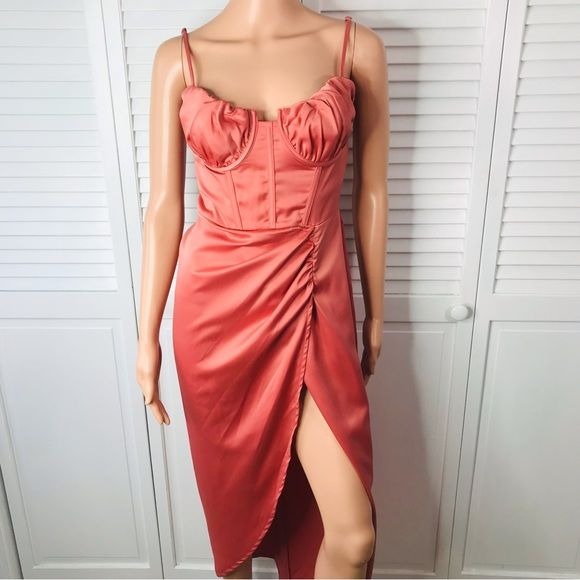 PRETTY LITTLE THING Coral Satin Midaxi Dress Size 6 *NEW*