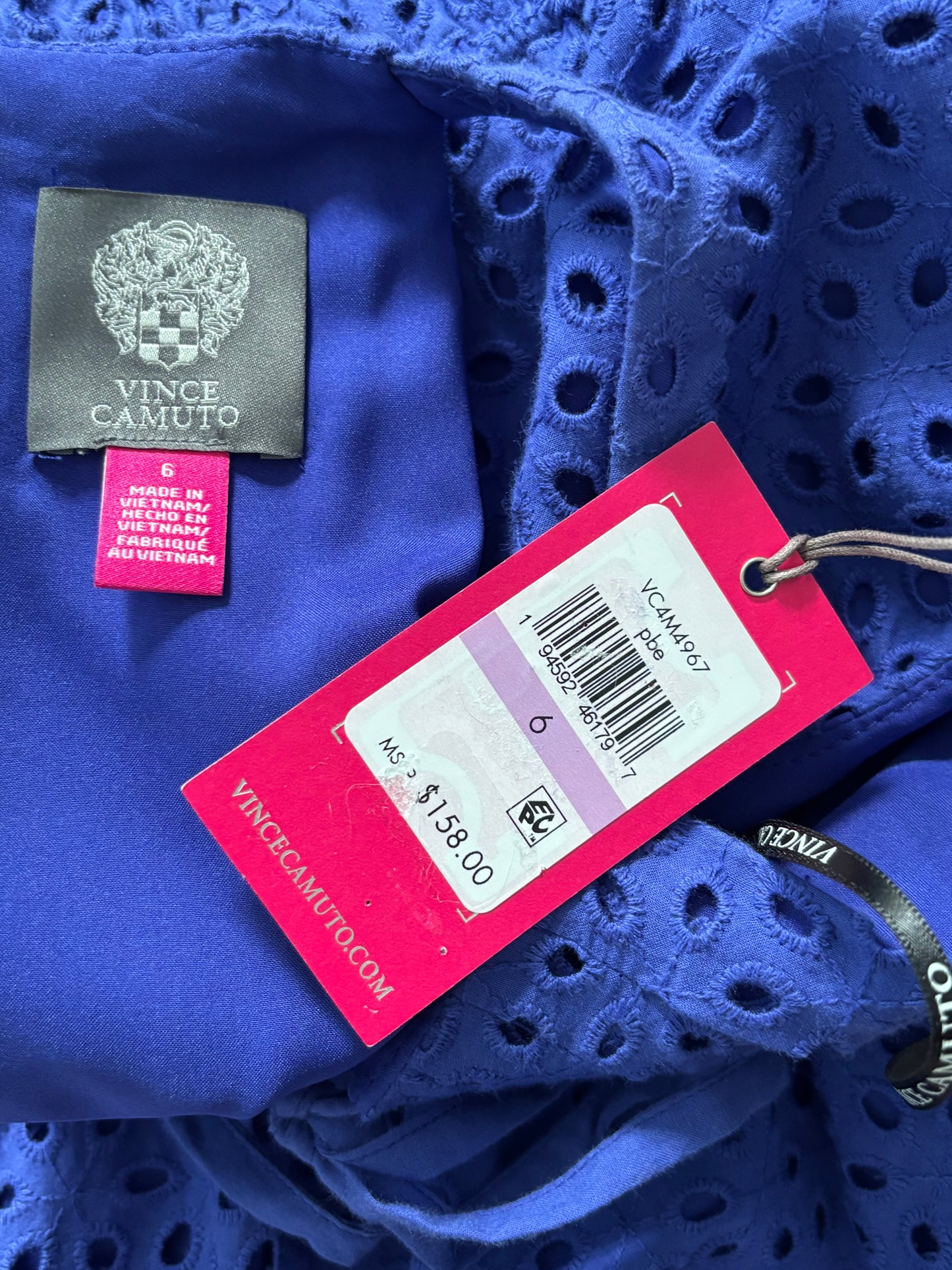 VINCE CAMUTO Blue Eyelet Halter Tiered Midi Dress Size 6