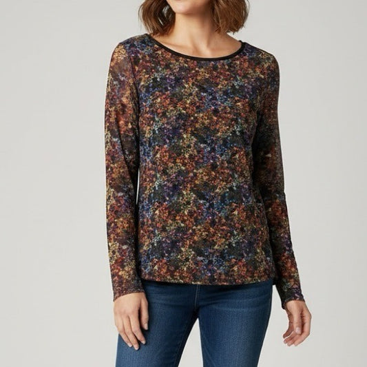 CHARLIE B Printed Ruched Mesh Top in Floret Size Large