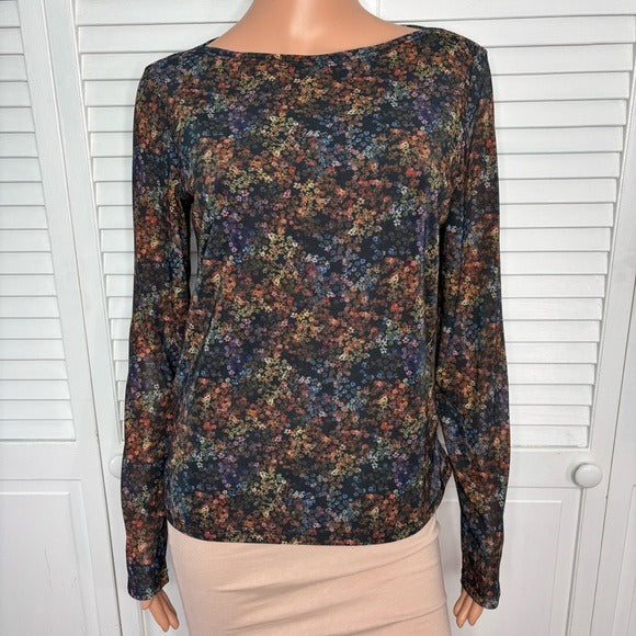 CHARLIE B Printed Ruched Mesh Top in Floret Size Large