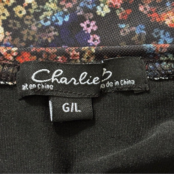 CHARLIE B Printed Ruched Mesh Top in Floret Size Large