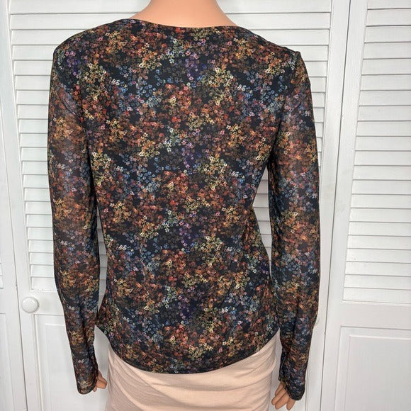 CHARLIE B Printed Ruched Mesh Top in Floret Size Large