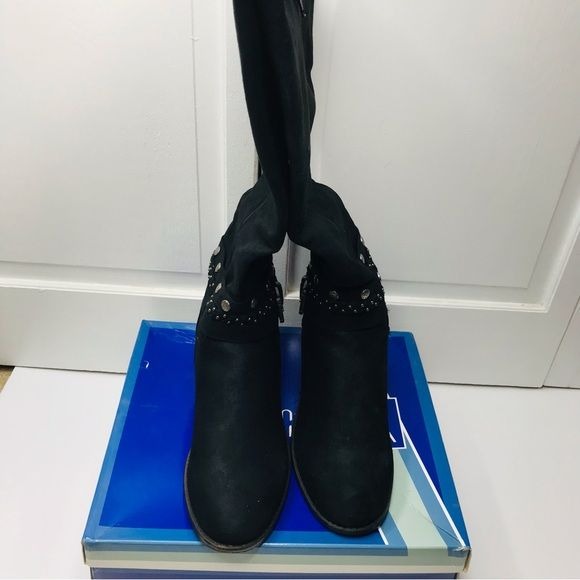 *NEW* WHITE MOUNTAIN Paulina Black Waxy Fabric Tall Boots Size 9