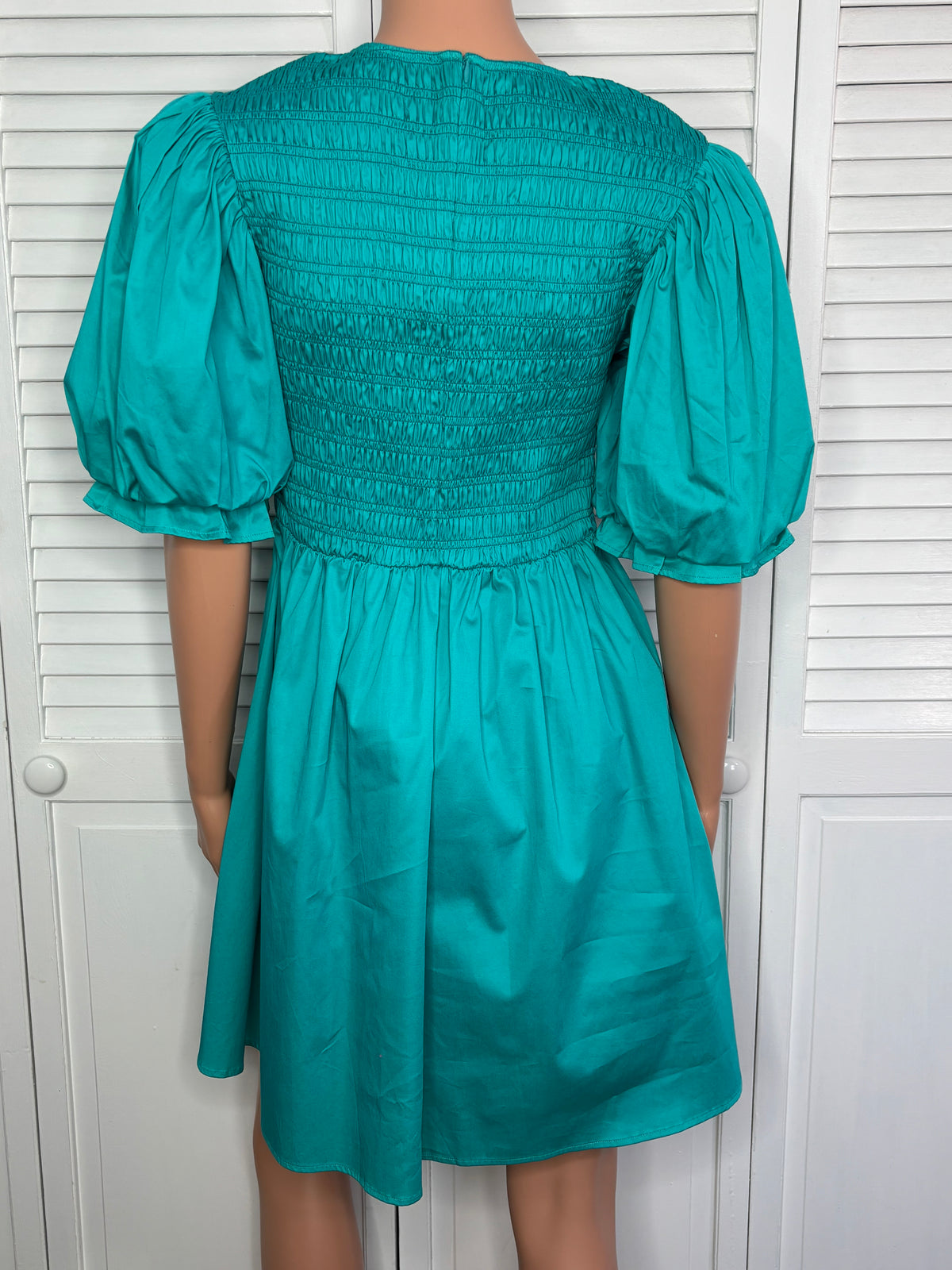 New CROSBY by Mollie Burch Teal Smocked Puff Sleeve Mini Dress Size Small