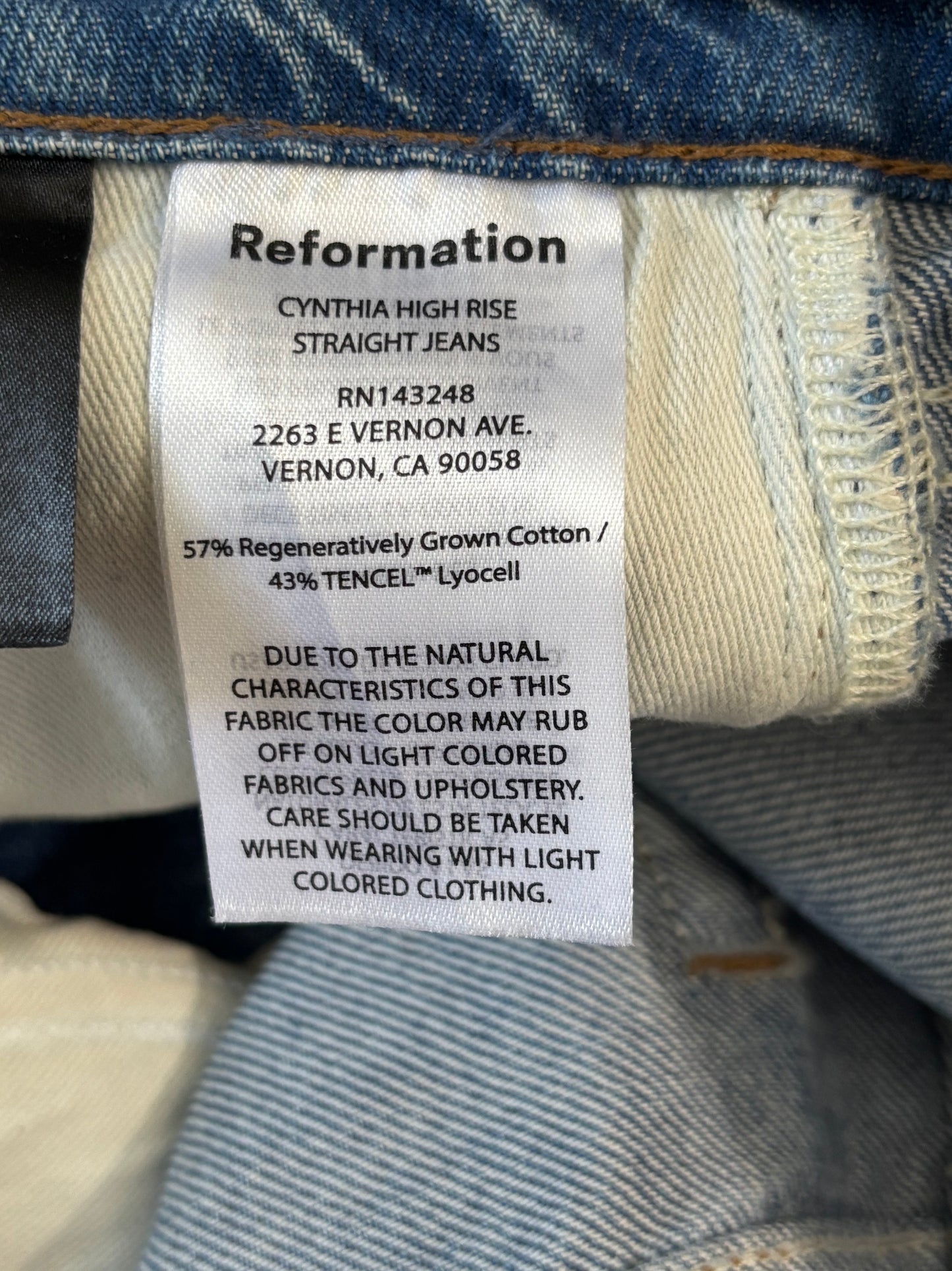 REFORMATION Cynthia High Rise Blue Jeans Size 28