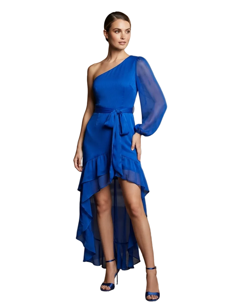 New GIANNI BINI Royal Blue Hollis Asymmetrical One-Shoulder Ruffle Maxi Dress Size 0
