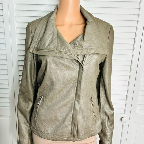 *NEW* ELIE TAHARI Natalie Jacket Cookie Silver Leather Jacket Size Medium