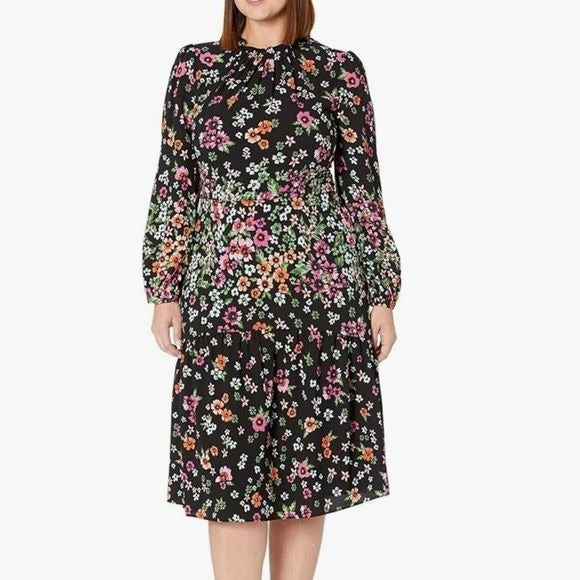 *NEW* MAGGY LONDON Black Floral Long Sleeve Ruffle Mock Neck Dress Size 0