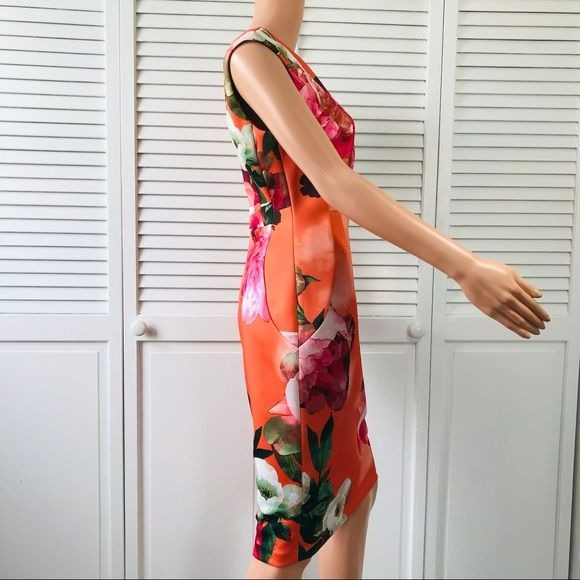 CALVIN KLEIN Orange Floral Sheath Sleeveless Dress Size Petite